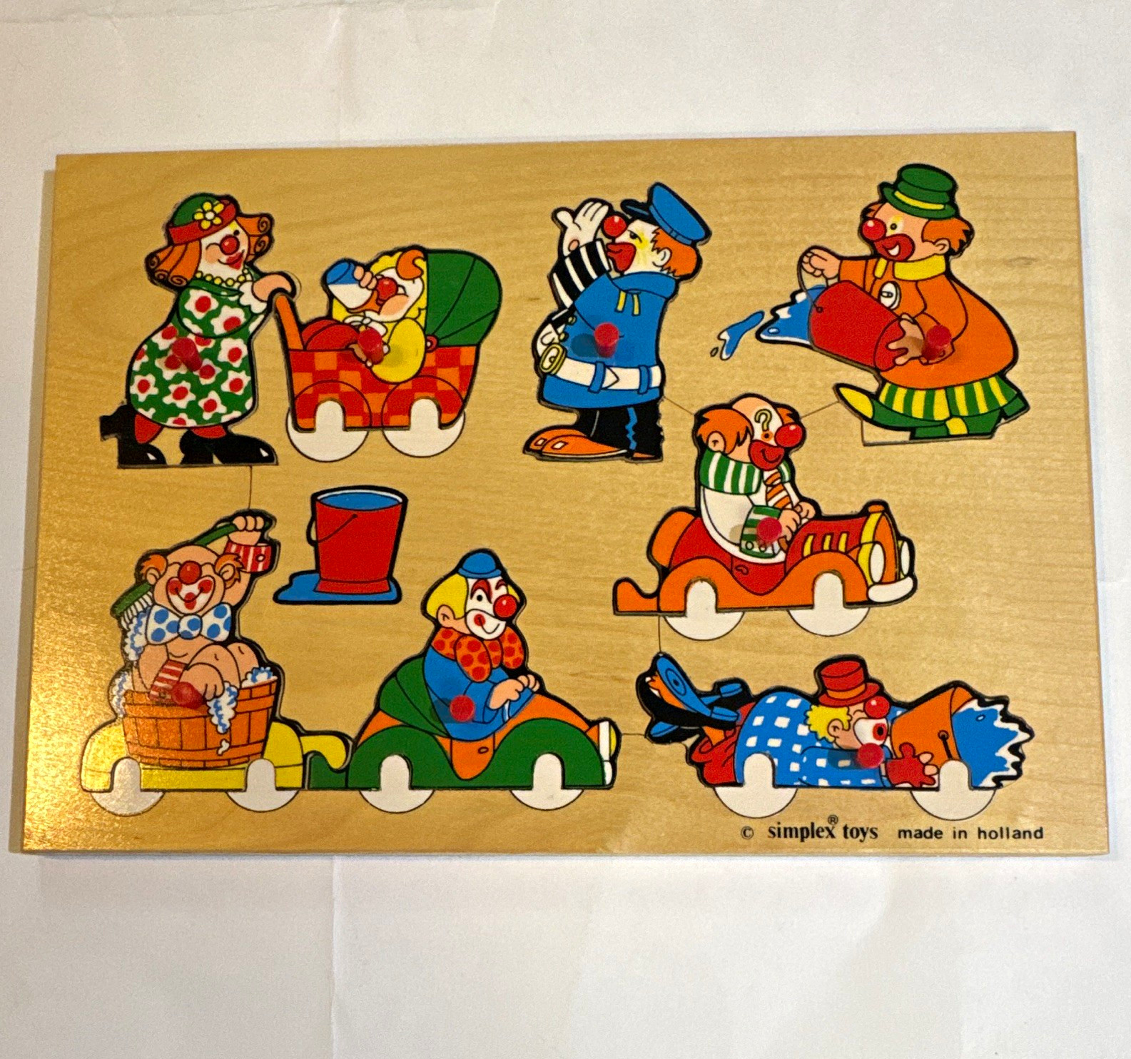 Simplex Toys Vintage Wooden Tray Puzzle Clowns & Circus Made in Holland