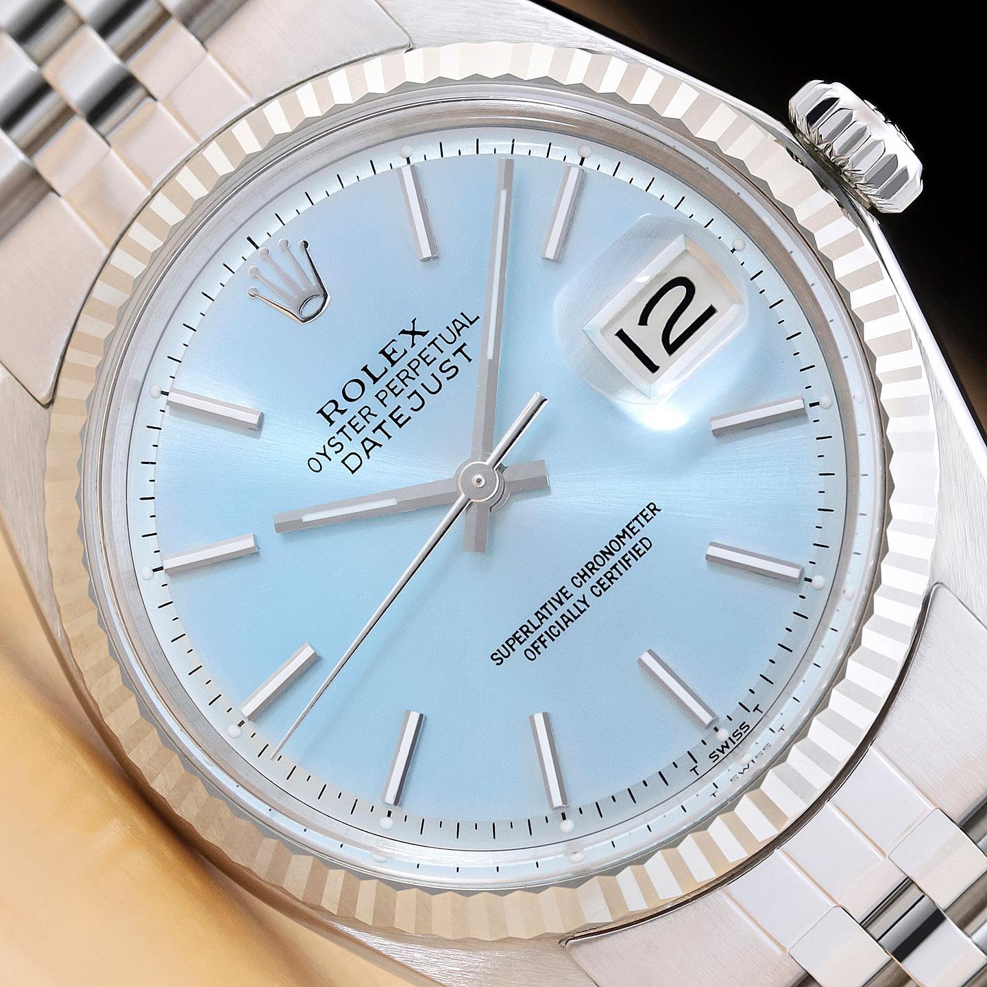 ROLEX MENS DATEJUST 18K WHITE GOLD STAINLESS STEEL ICE BLUE DIAL 36MM WATCH