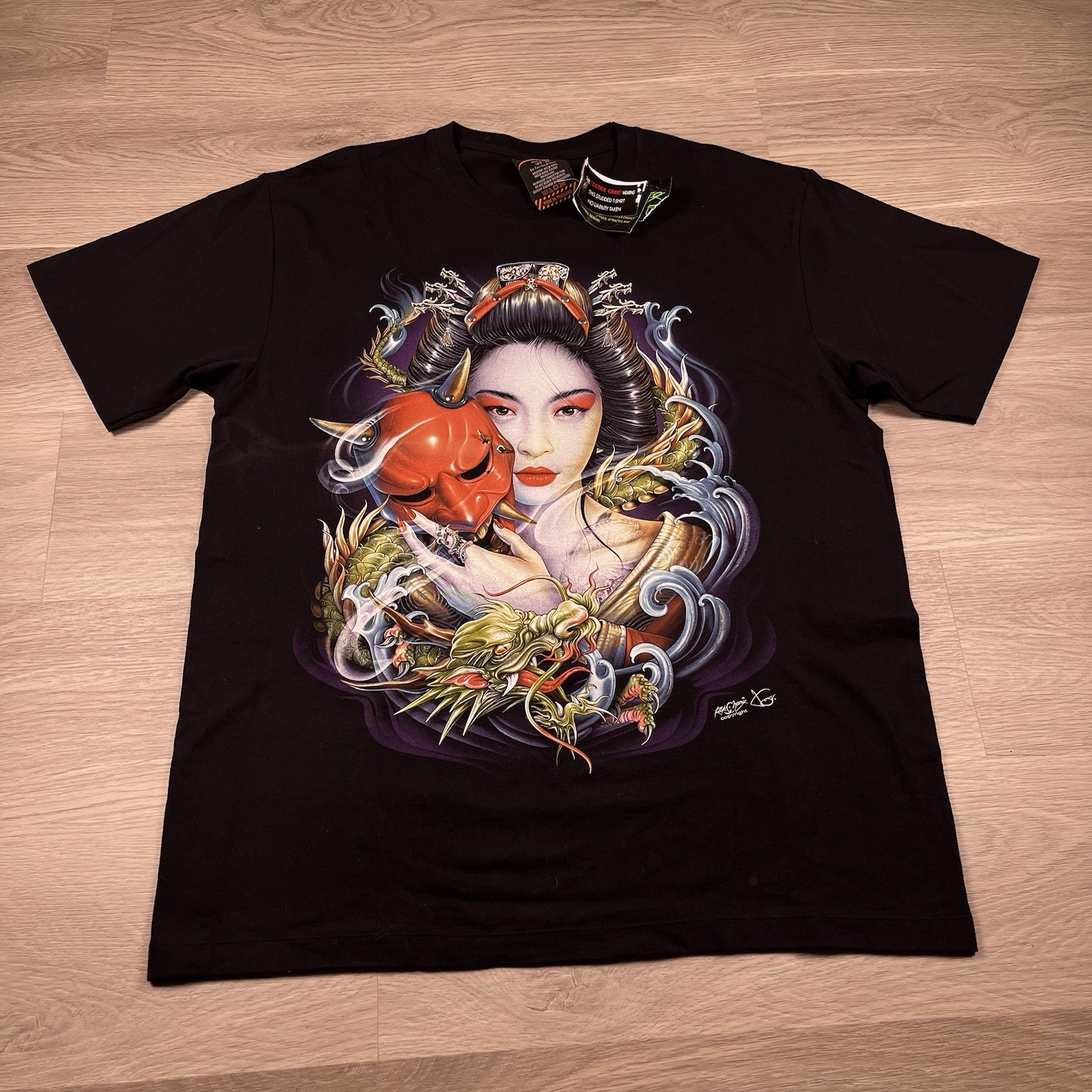 Vintage 2000s Y2K Rock Chang Japanese Oni Graphic Black T-Shirt Size XL Mens