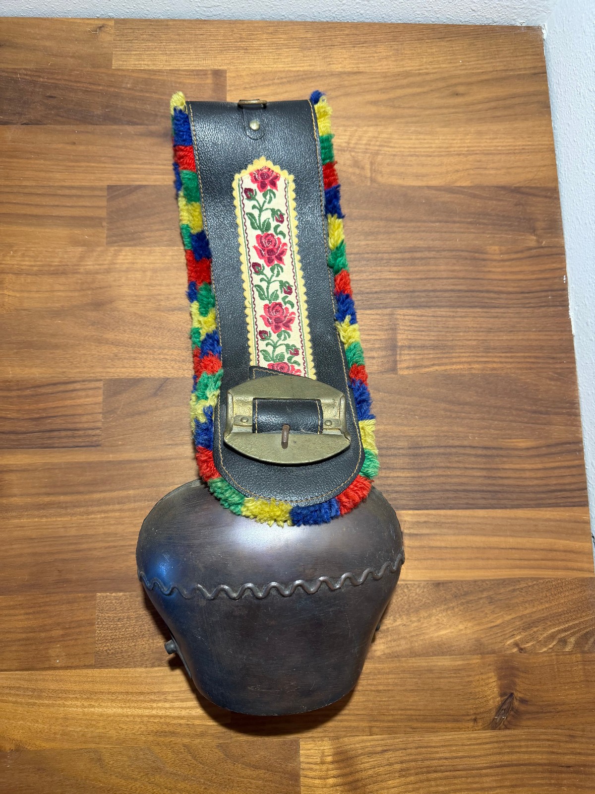Vintage Large Swiss Alpine Cow Bell 18” Embroidered Leather Strap Folk Art