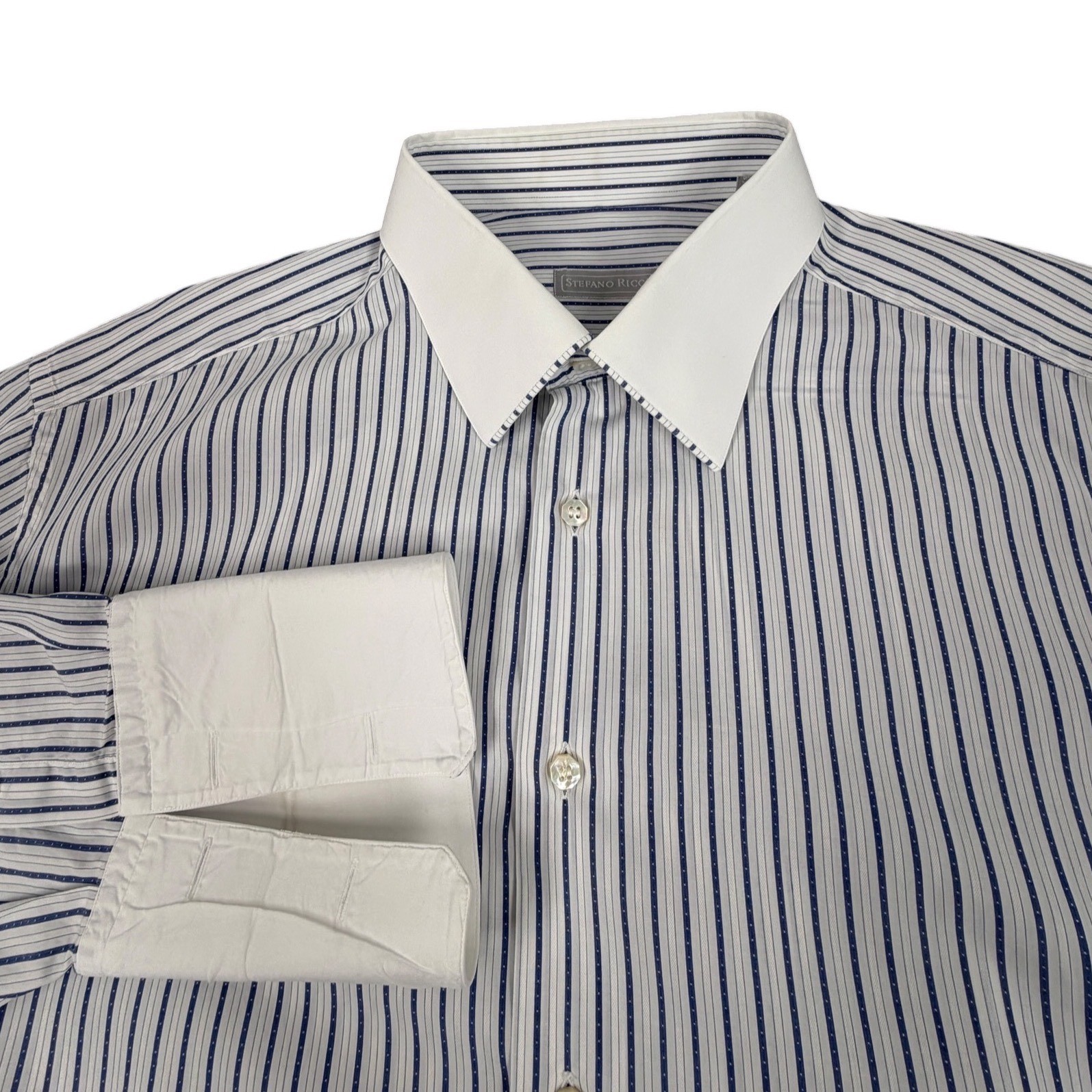 Stefano Ricci Mens Button Down Shirt French Cuff Contrast Collar Striped Blue Stefano Ricci Mens Button Down Shirt French Cuff Contrast Collar Striped Blue