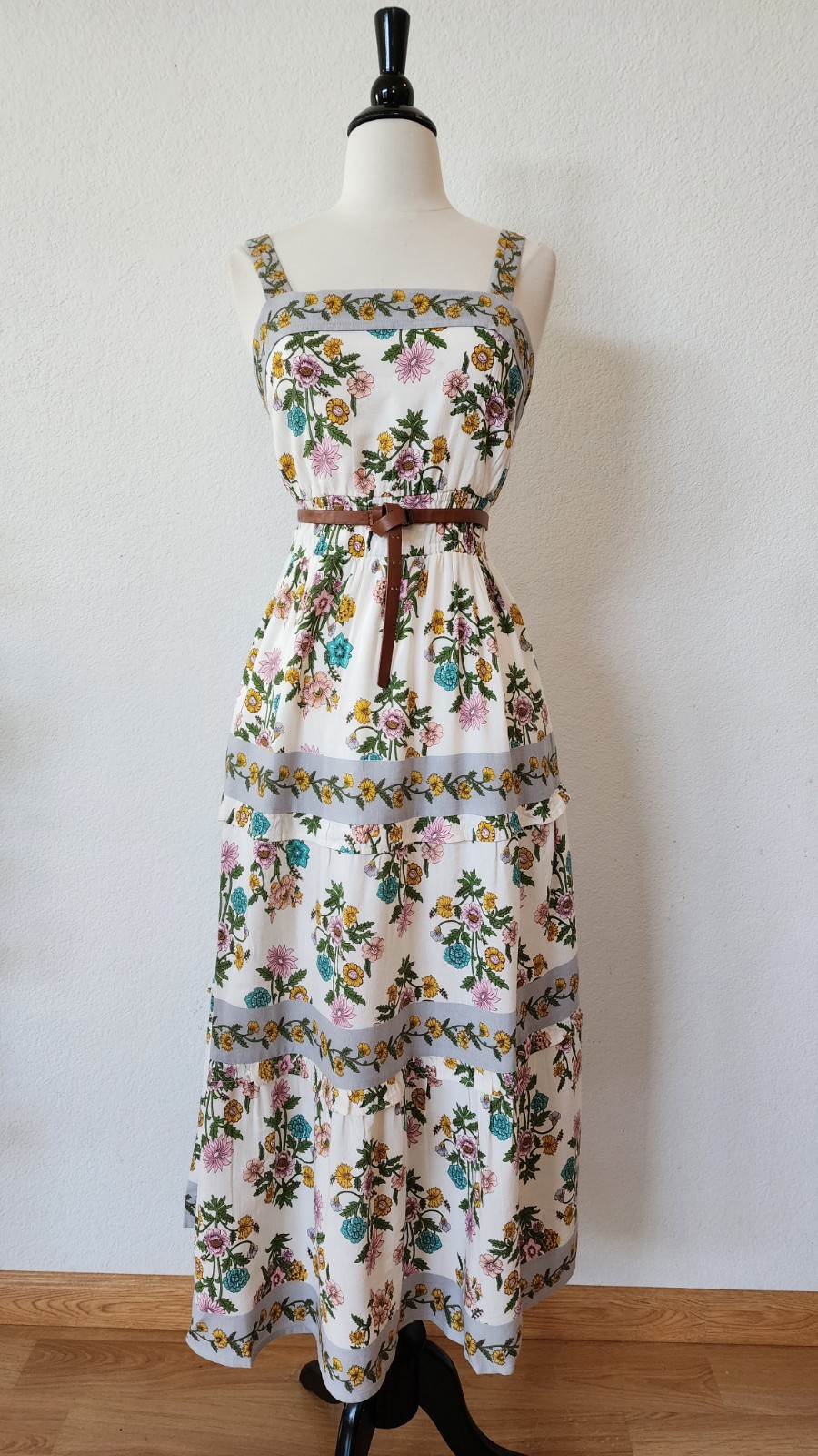 New Anthro Maxi Dress Size Large XL Floral Linen Blend Europe Coquette Pockets