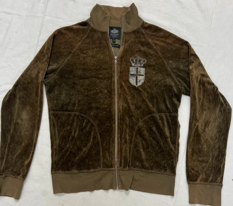 Vintage Dirty English by Juicy Couture Men\'s Brown Velour Crest Track Jacket Vintage Dirty English by Juicy Couture Men\'s Brown Velour Crest Track Jacket