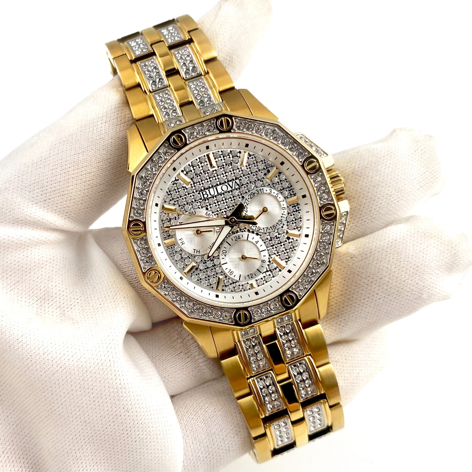 Bulova Octava 98C126 White Crystal Dial Gold Tone Quartz Men's Watch