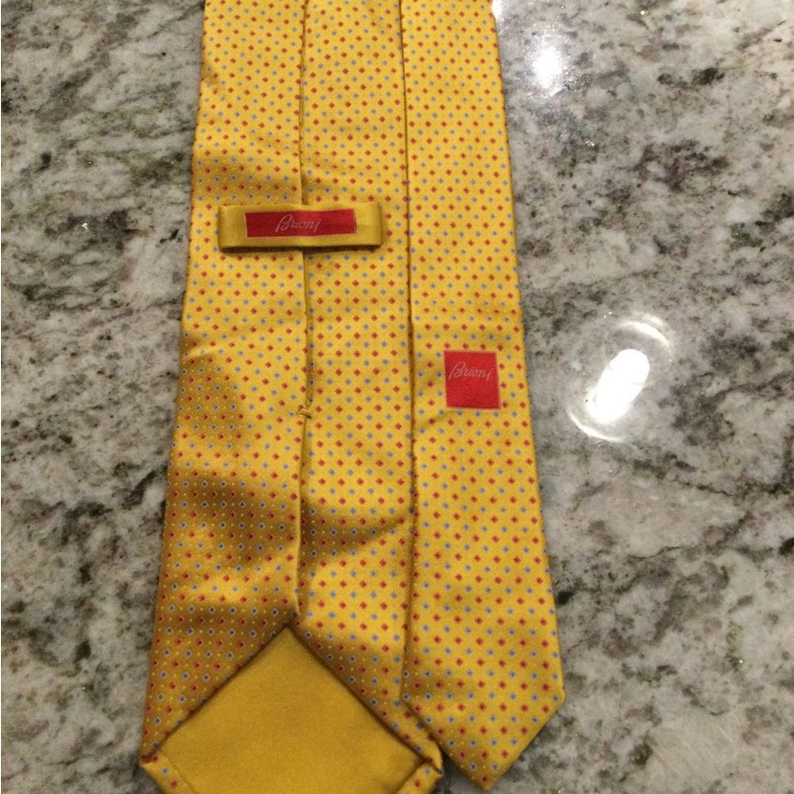 Brioni Yellow Silk Tie with Red and Blue Microdots Brioni Yellow Silk Tie with Red and Blue Microdots