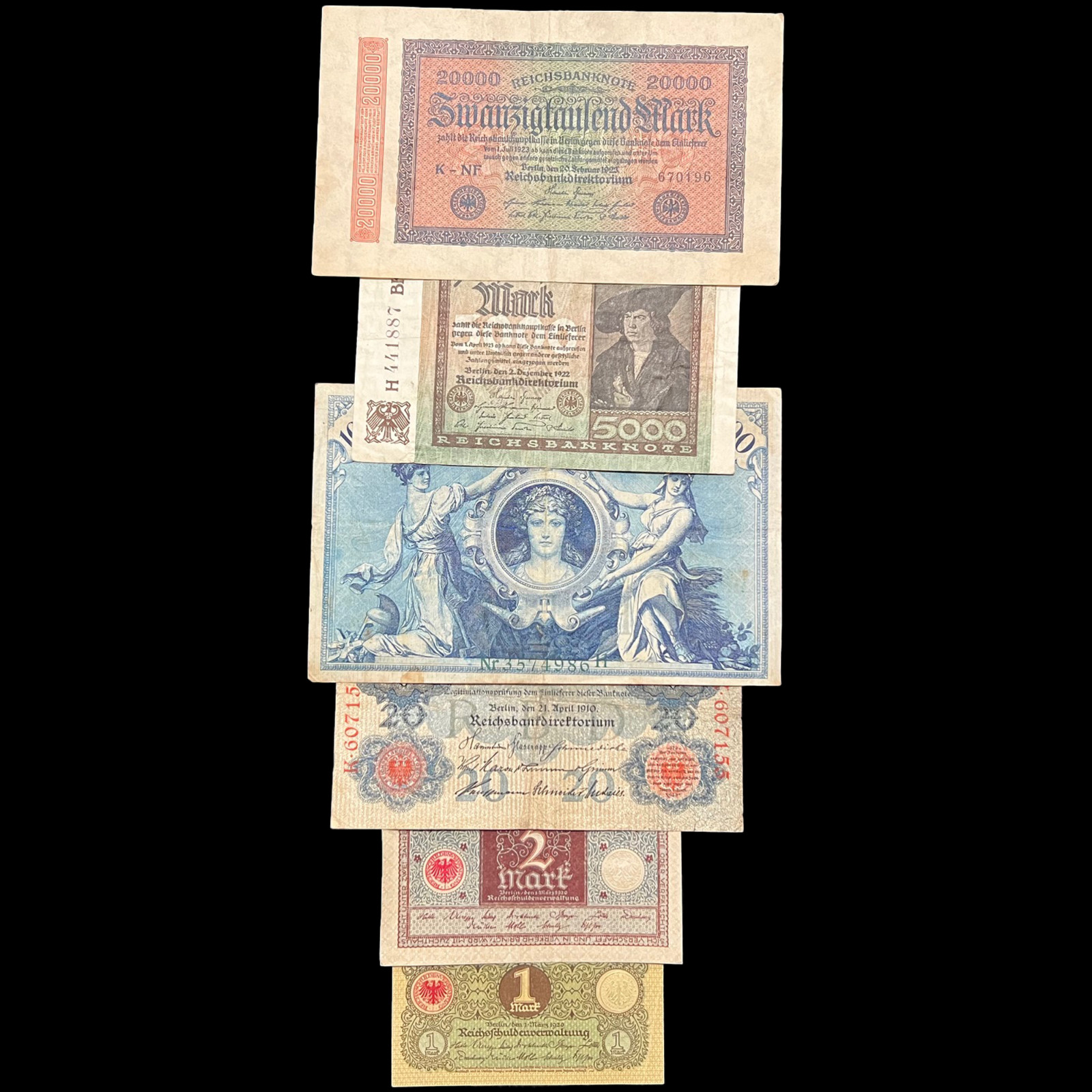 1908-1923 German 6 Banknote Set World War One Currency Fascism Hyperinflation