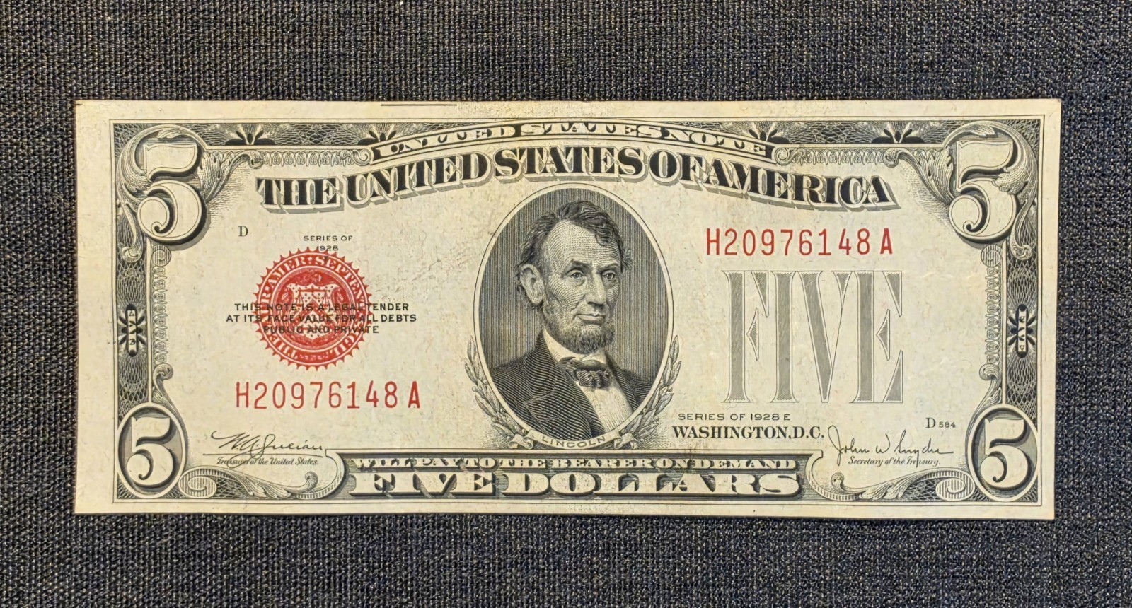 Series 1928-E $5 Red Seal United States Legal Tender Note Crisp Clean High Grade Series 1928-E $5 Red Seal United States Legal Tender Note Crisp Clean High Grade