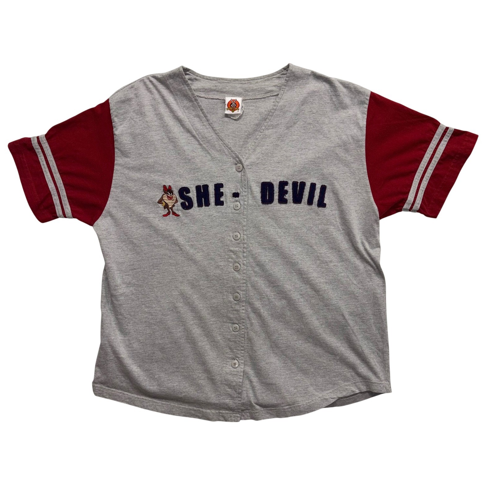 Vintage 2001 Looney Tunes She-Devil Baseball Jersey Shirt Gray Red Freeze XL