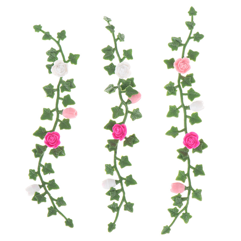 3PCS Dollhouse Miniature Roses 1/12 Scale Flower Vine Handcrafted Accessories