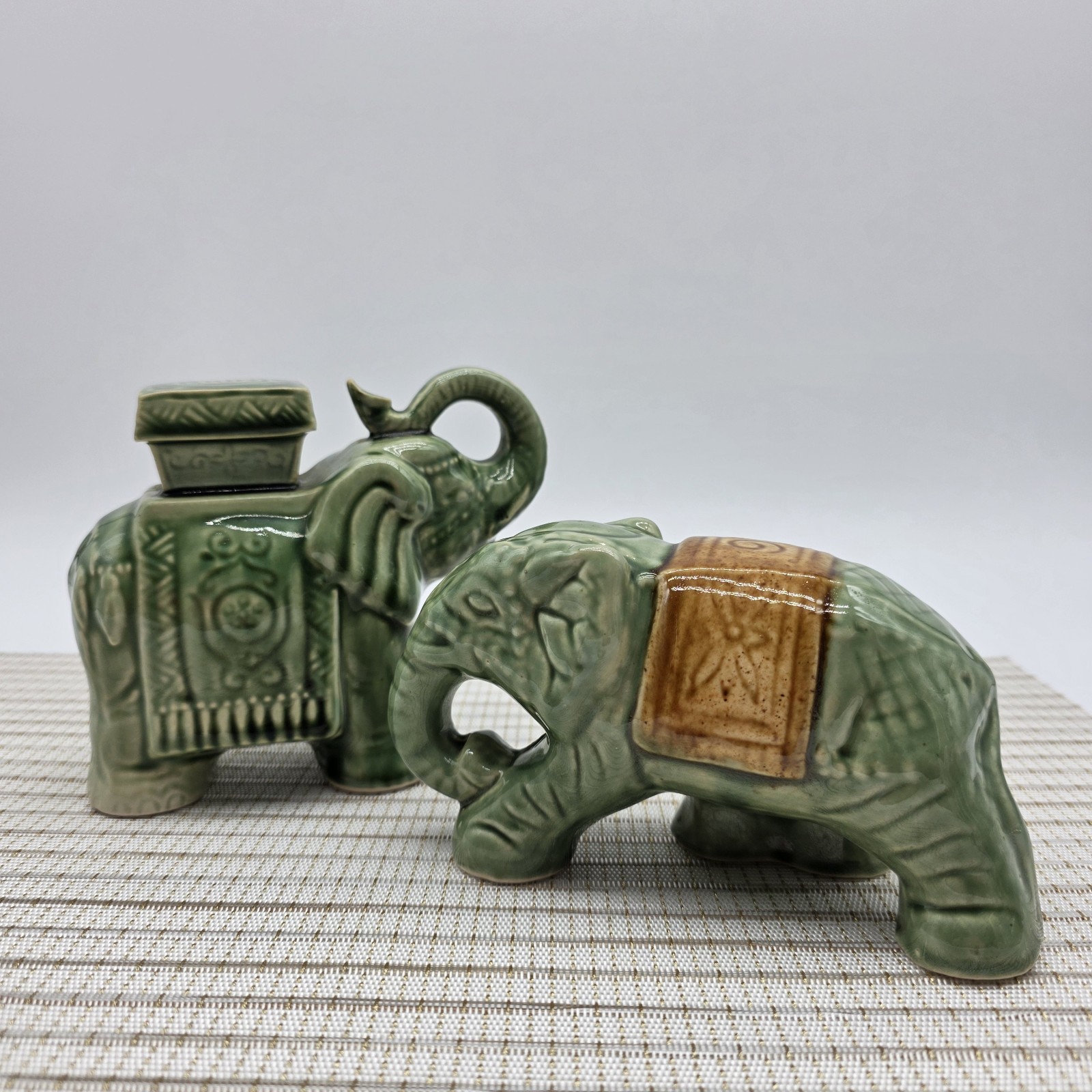 Vintage Celadon Green Ceramic Elephant Figurines Pair - Unmarked Glazed Pottery