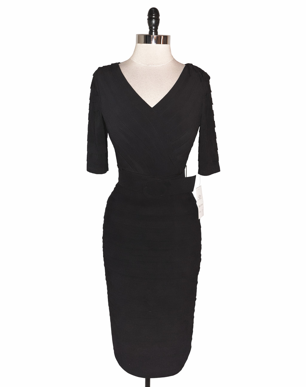 NEW ADRIANNA PAPELL Size 8 Sheath Dress Black Short Sleeve Stretch Knit Belt
