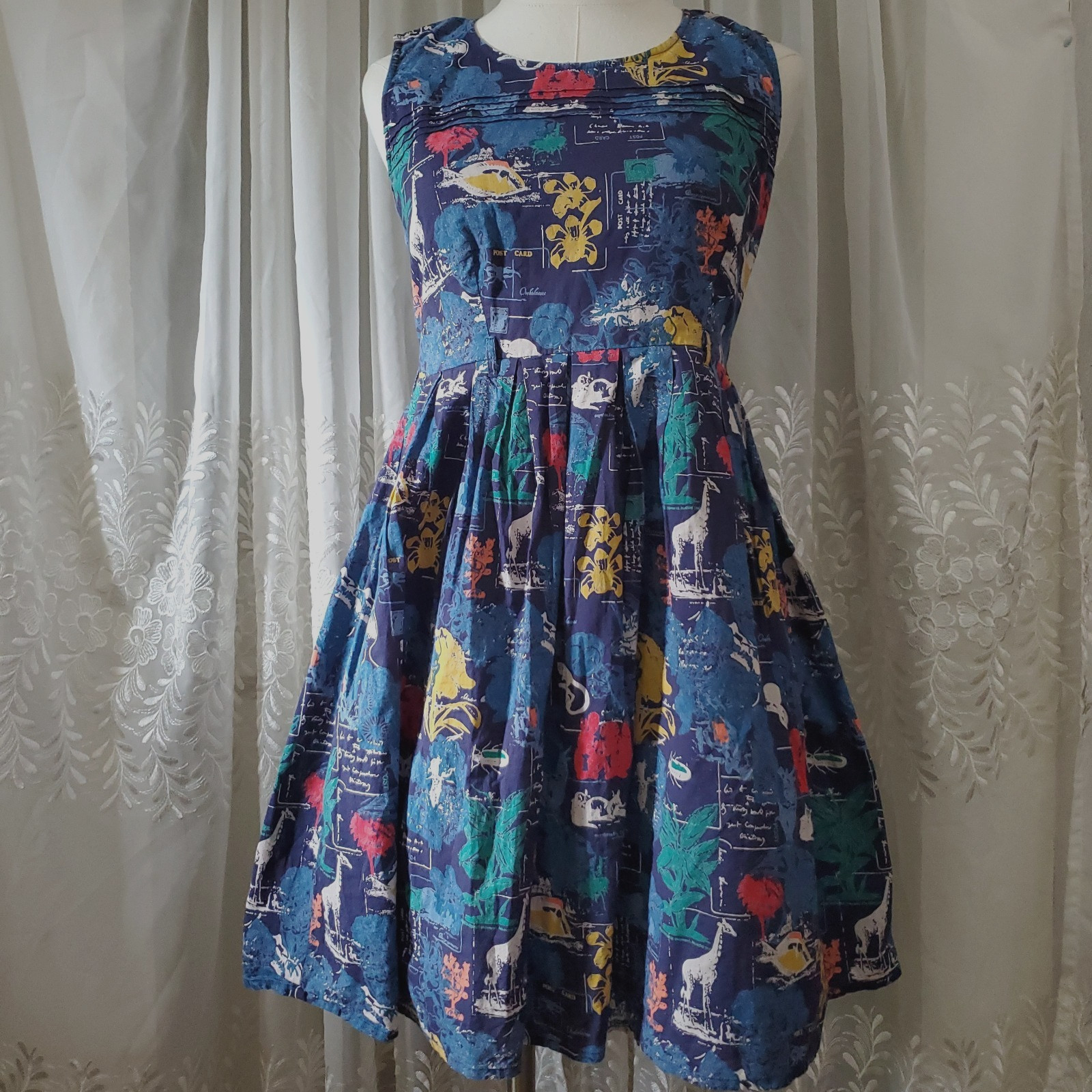 Yumi ModCloth Cotton Dress Womens Small Blue Postcard Safari Giraffe Fit Flare 