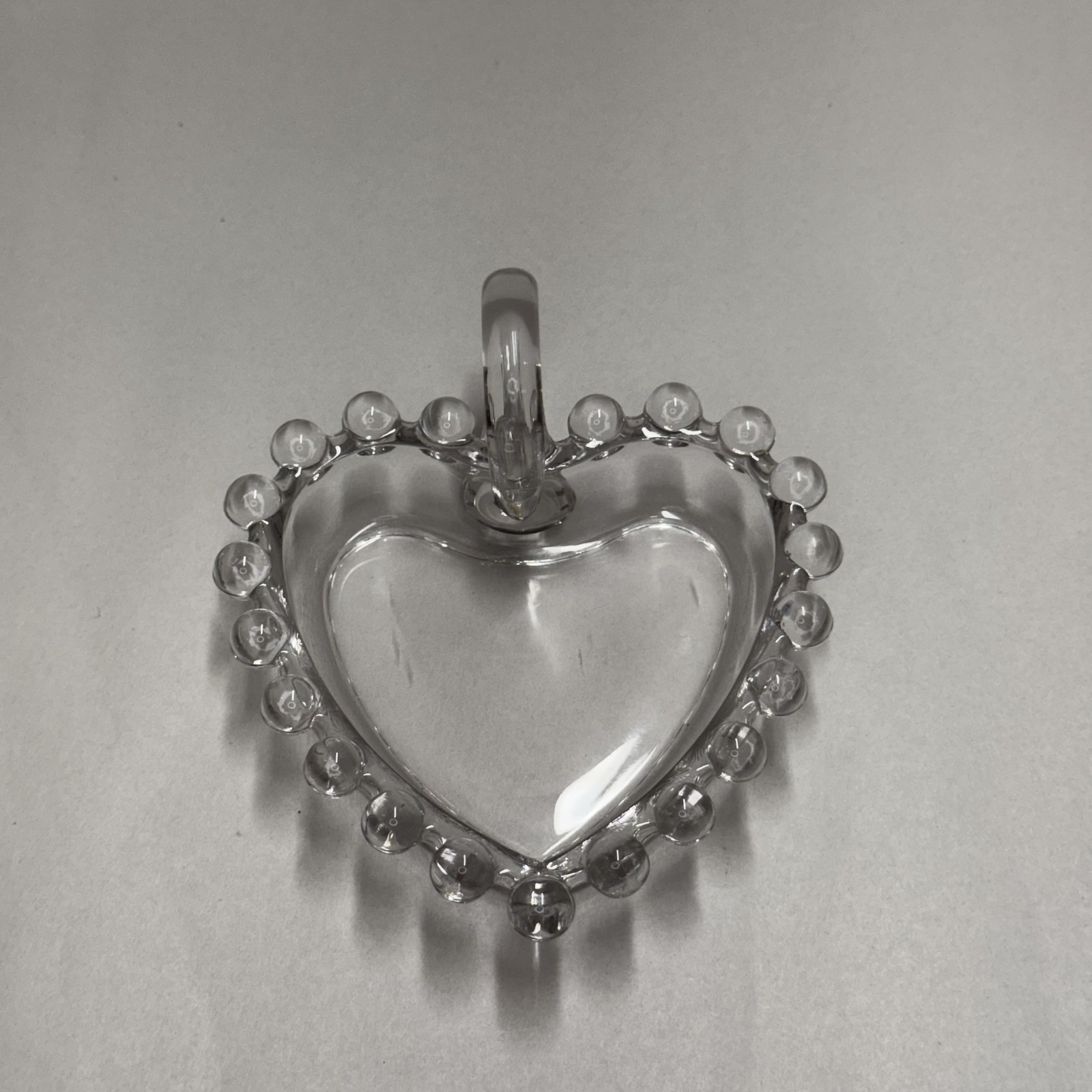 Vintage Pressed Glass Heart Dish Beaded Rim Candy Trinket Bowl
