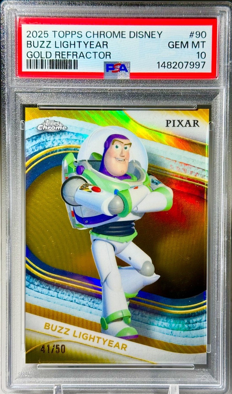 2025 Topps Chrome Disney Buzz Lightyear TRUE GOLD REFRACTOR /50 #90 PSA 10 POP 6 2025 Topps Chrome Disney Buzz Lightyear TRUE GOLD REFRACTOR /50 #90 PSA 10 POP 6