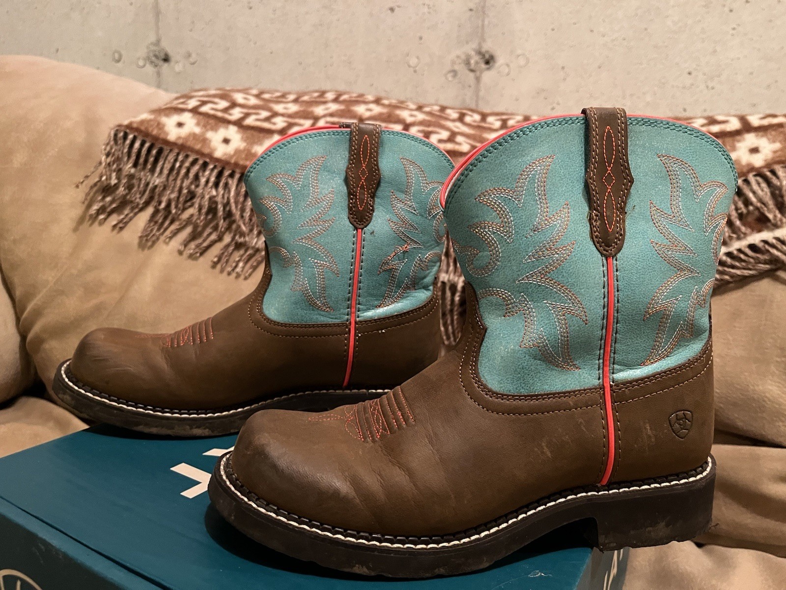 EUC Girls Cowboy Boots Size 5 - Turquoise Brown Ariat Cowpoke Fatbaby Eur 36.5