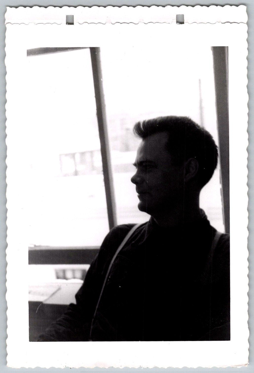 Vtg B&W Snapshot Man Silhouette Indoors Stylish Hair 1950s Vtg B&W Snapshot Man Silhouette Indoors Stylish Hair 1950s