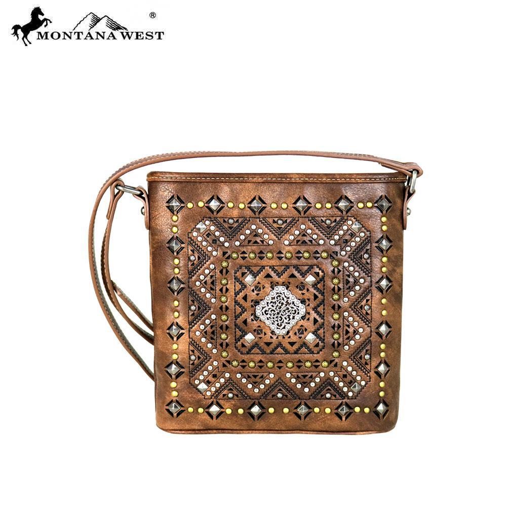 Montana West Western Womens Handbag Crossbody Studded Cut-Out Concho Brown