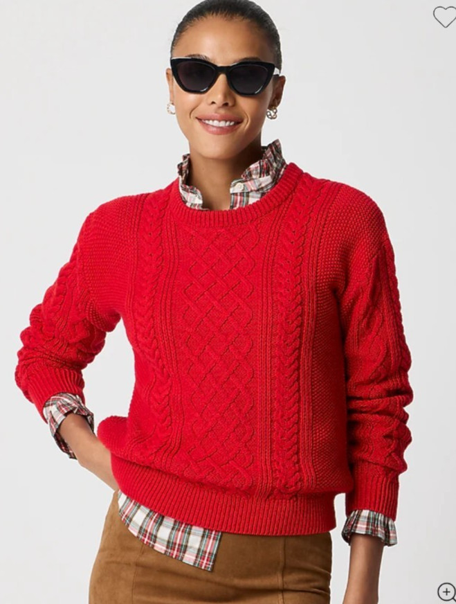 J. Crew Women\'s Red Crew-Neck 100% Cotton Fisherman Cable Knit Sweater L