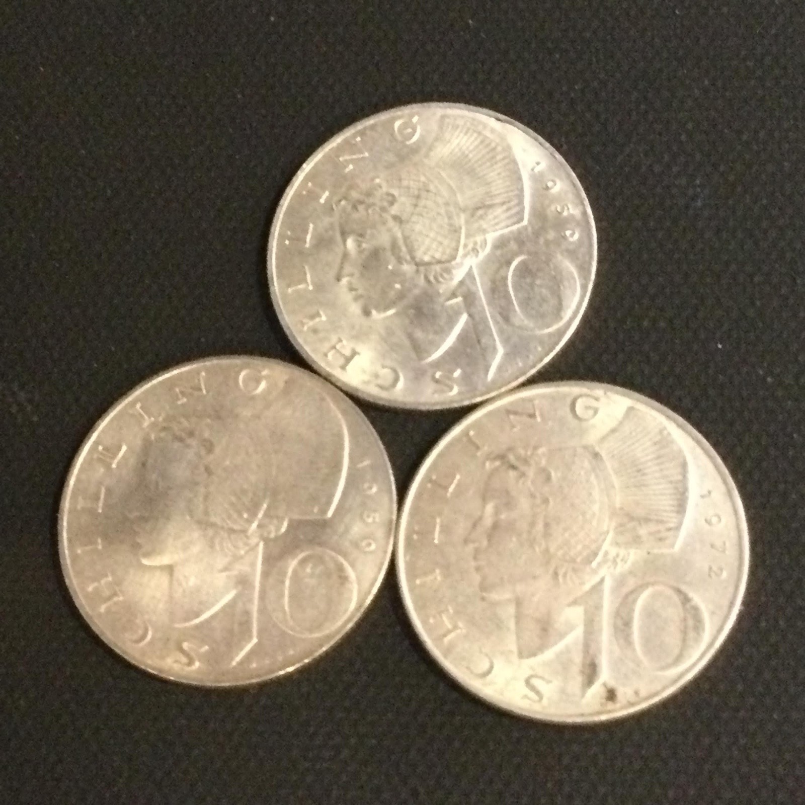 Lot of 3 Austrian Silver 10 Schilling Coins (Two 1959, One 1973) .640 Fine