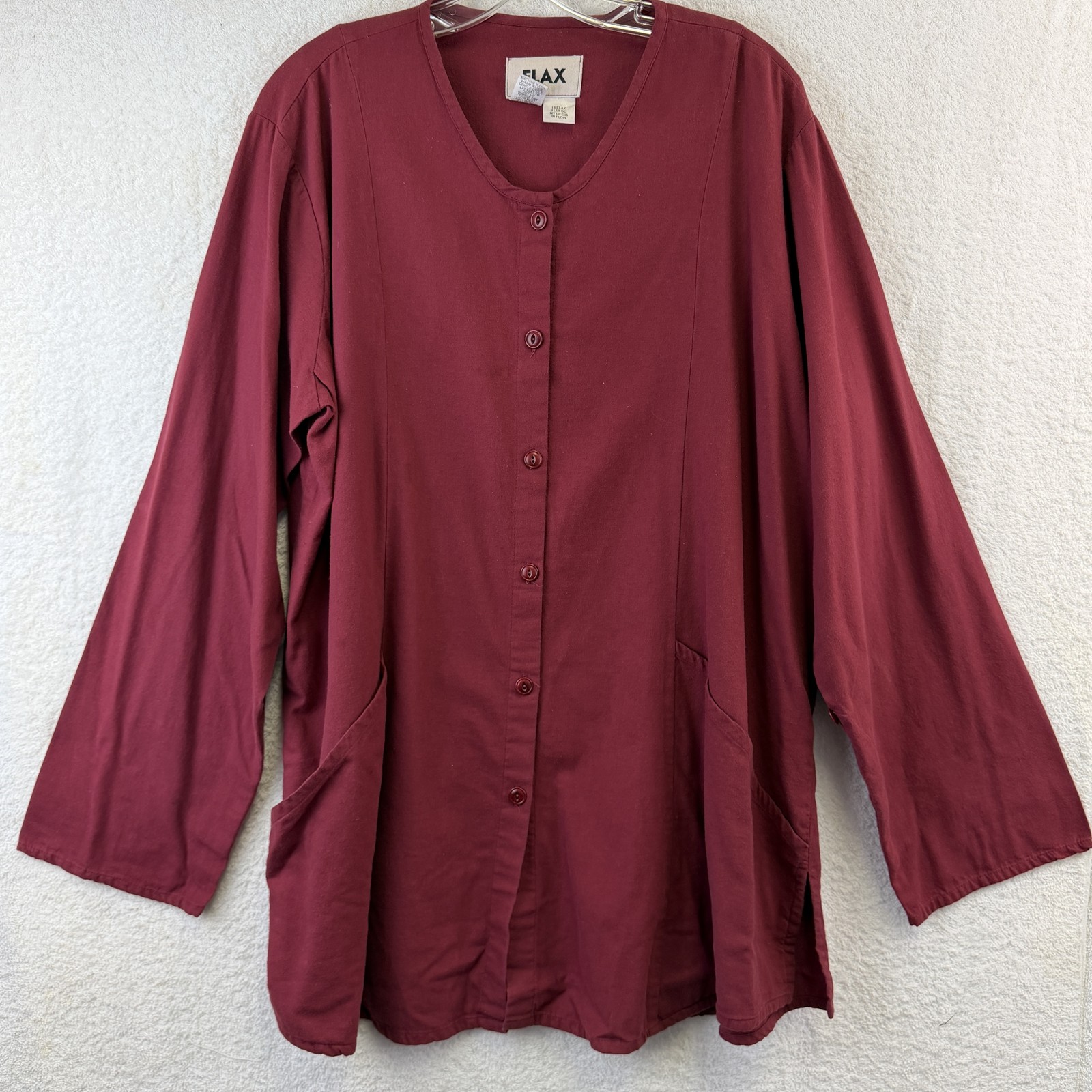 FLAX Jacket Tunic Top Womens Large Red Button Front Cotton Pockets