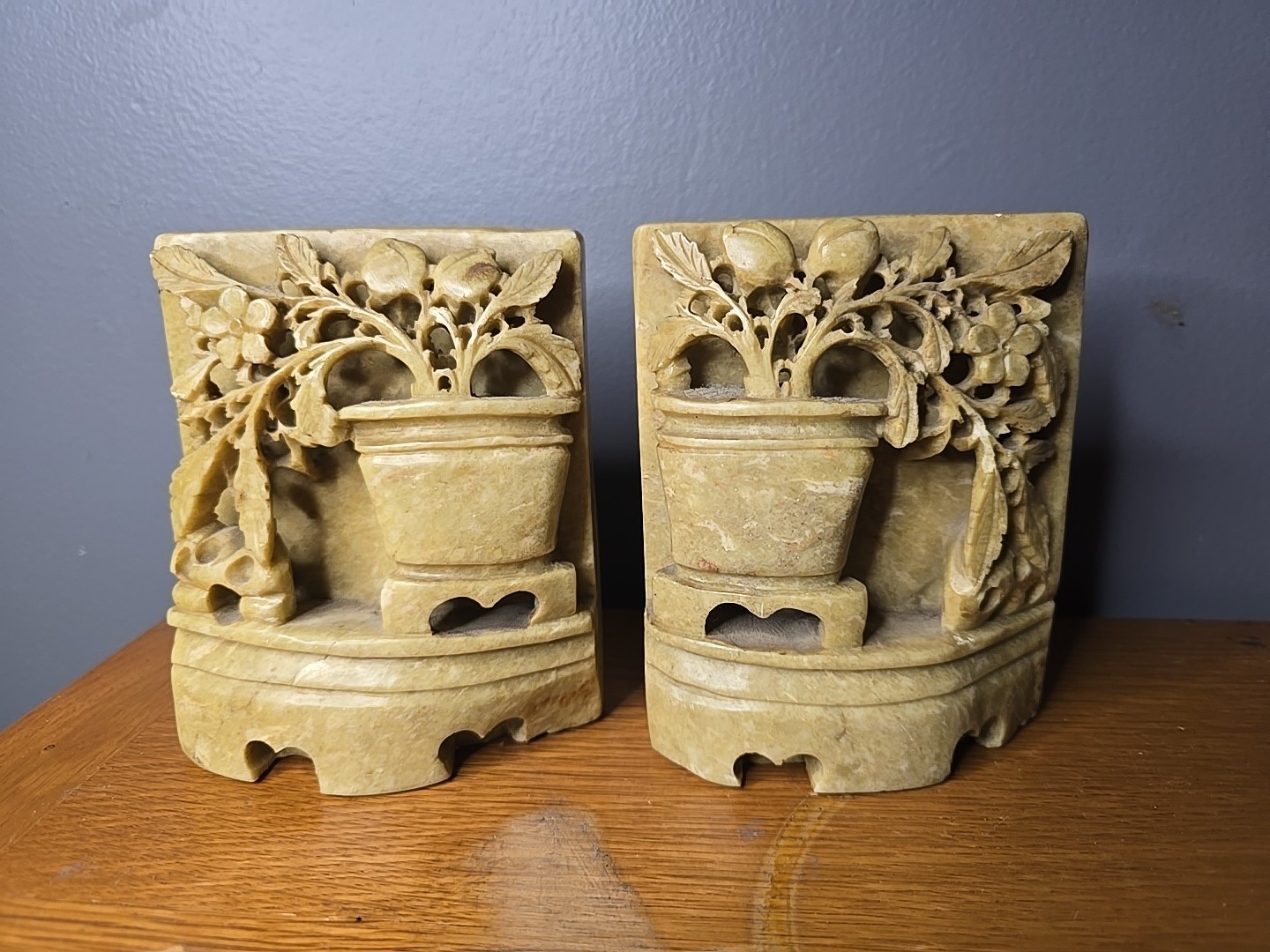 Vintage Chinese Soap Stone Carved Flowers in Pot 5 Vintage Chinese Soap Stone Carved Flowers in Pot 5