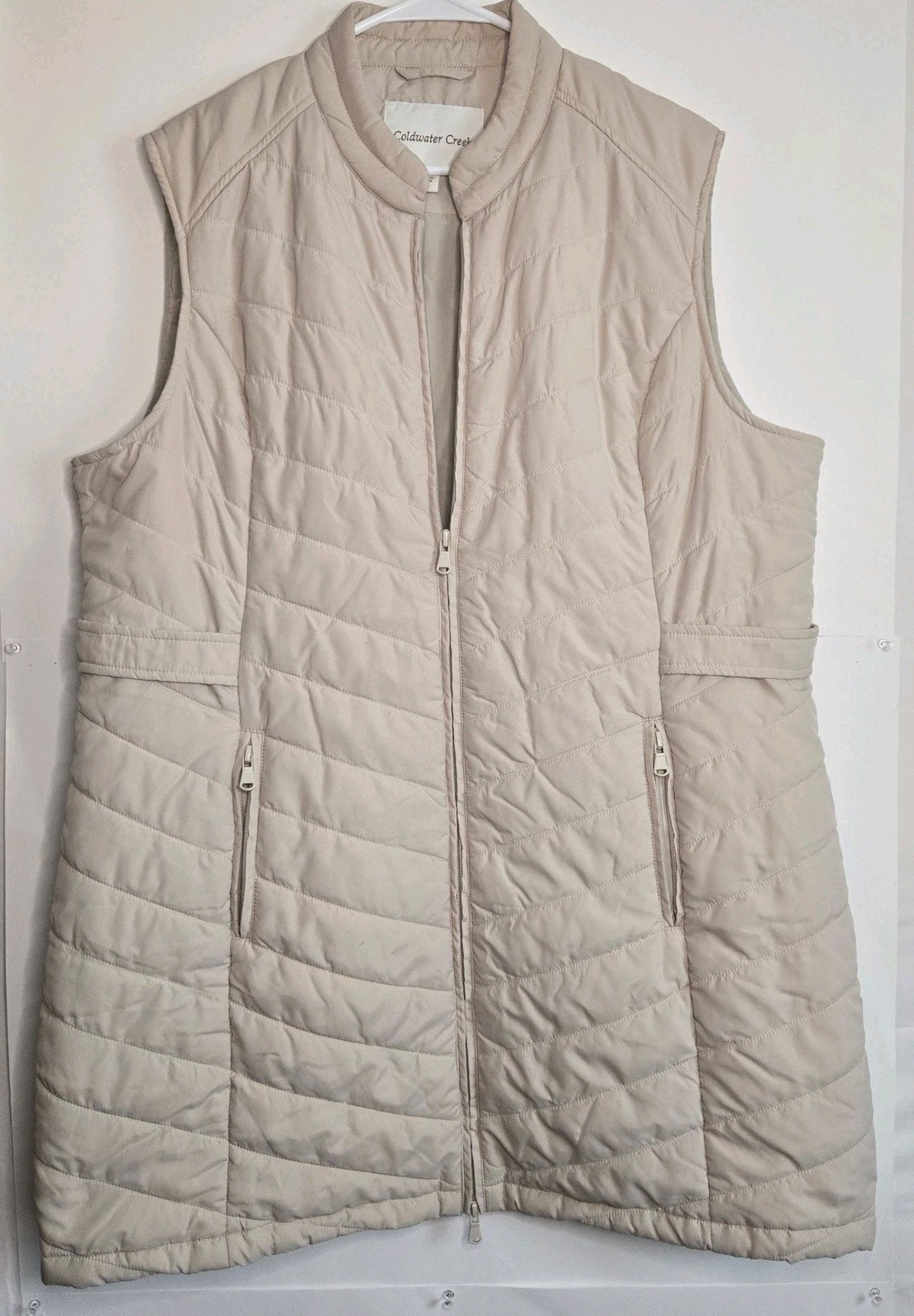 Coldwater Creek Womens XL Beige Quilted Longline Puffer Vest Zip Front 17515