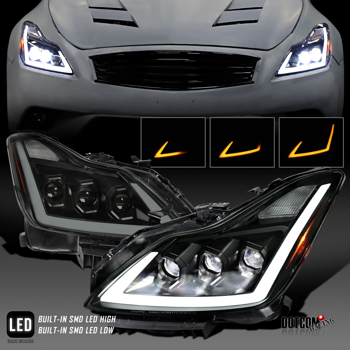 Fit 2008-2013 Infiniti G37 Smoke Full LED Projector Headlights Sequential Signal Fit 2008-2013 Infiniti G37 Smoke Full LED Projector Headlights Sequential Signal