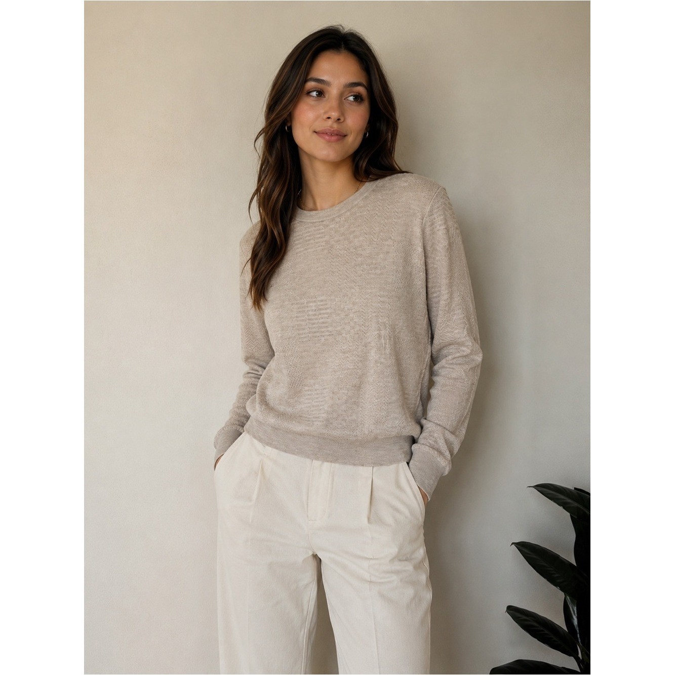 Saks Fifth Avenue Beige Wool Blend Textured Crewneck Sweater S Saks Fifth Avenue Beige Wool Blend Textured Crewneck Sweater S