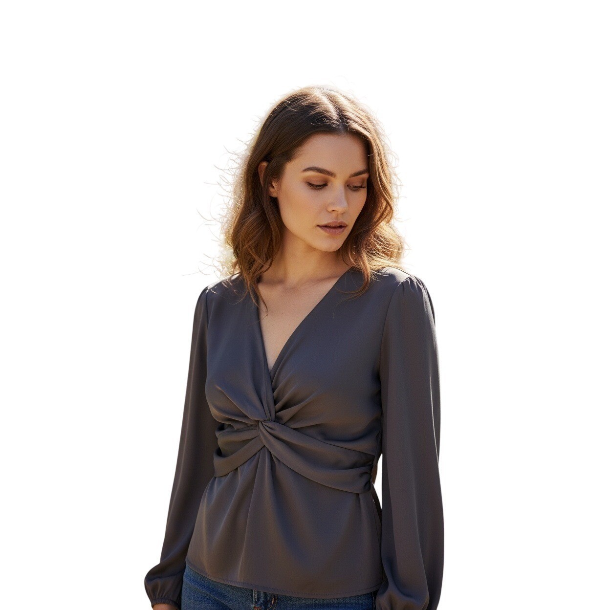 PLEIONE Coquette Plum Romantic Twist-Front Empire Blouse Soft Drape M NWOT