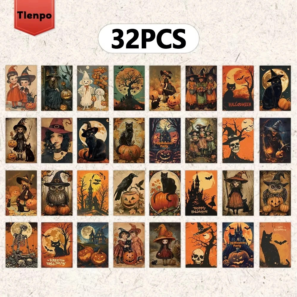 32 Halloween Postcard Lot Witch Girl Cat Crow Skeleton Retro Bat Spooky Pumpkin