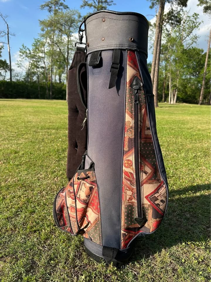 *VINTAGE* HOT-Z ARNOLD PALMER GOLF CART BAG BURGUNDY & GREY PATTERNED & STRAP