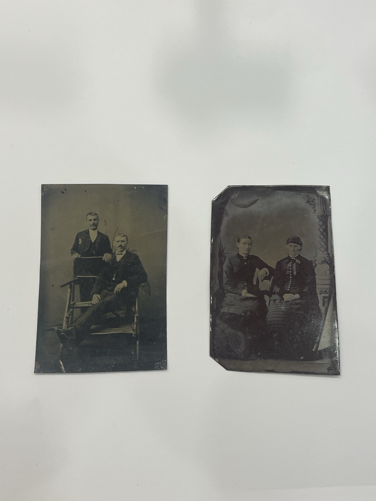 Antique Tintype Photo Lot 1870s Two Men Rustic Twig Chair Seated Women