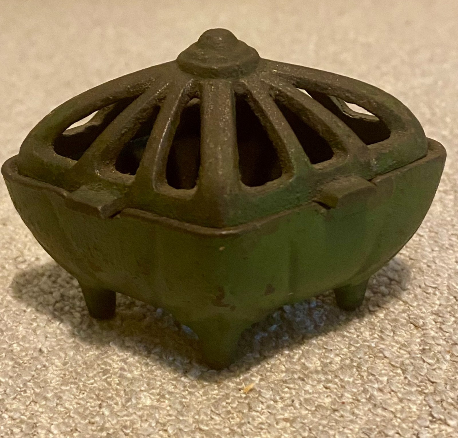 Antique Vantines CAST IRON Art Deco Incense Burner With Lid Green Paint Footed