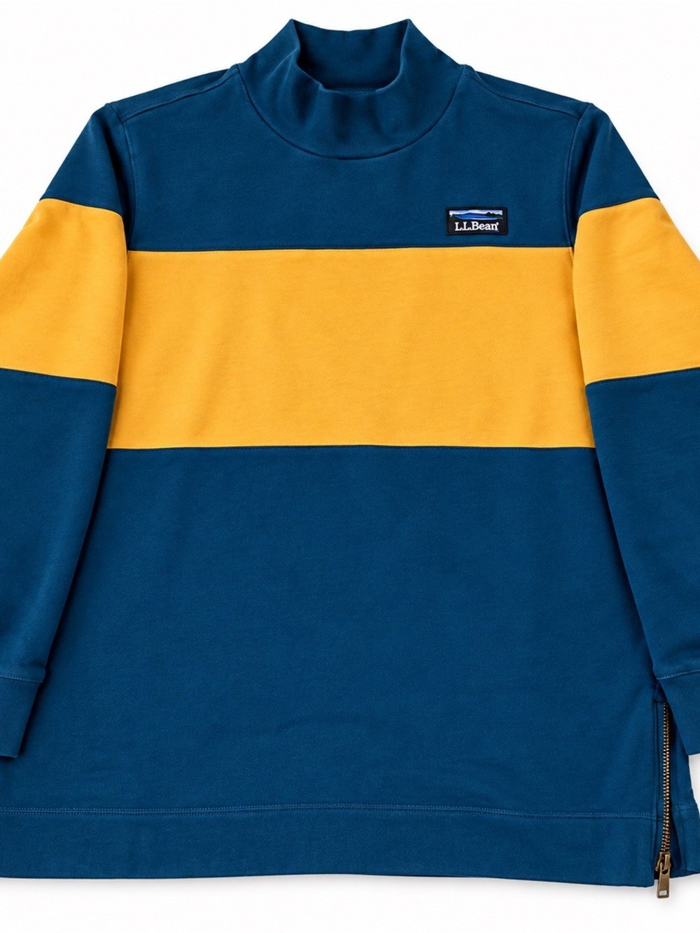 L.L.Bean Men’s XL Colorblock Cotton Mock Neck Pullover Blue Gold Side Zip