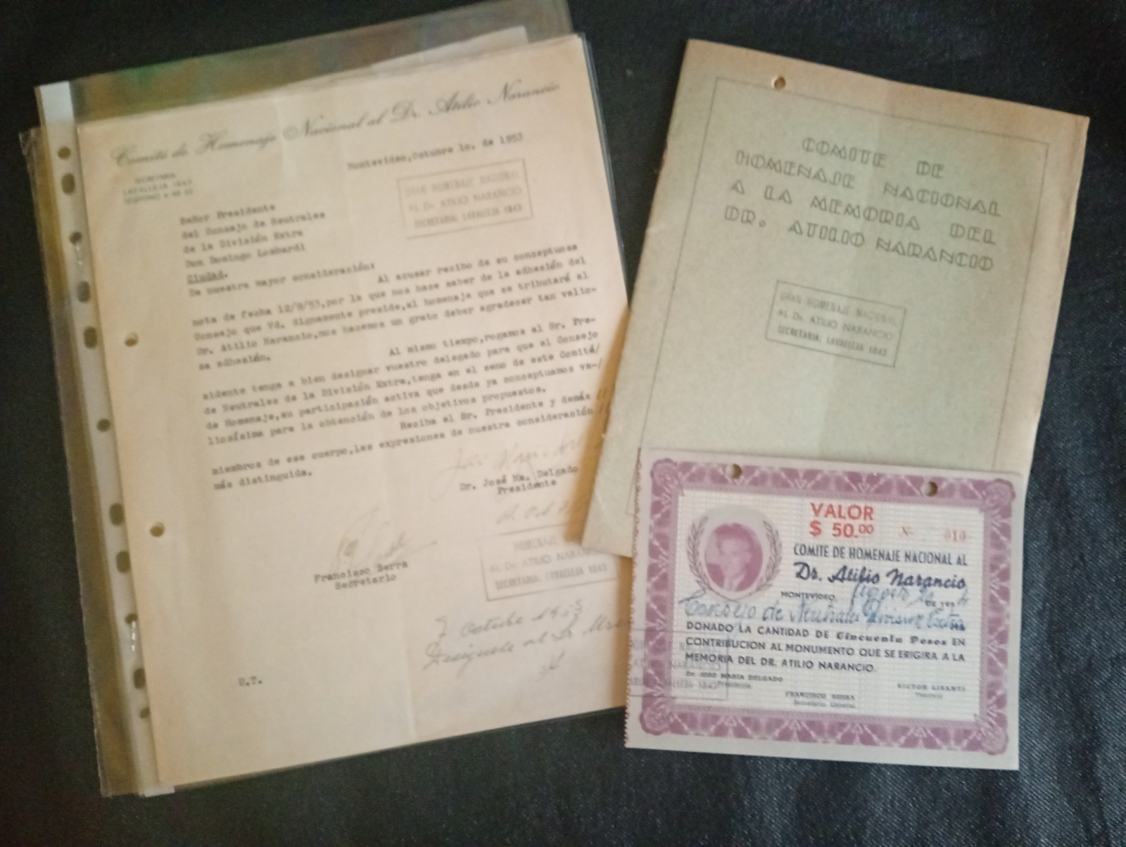 Rare 1953/54 Dr Jose Maria Delgado Autographs Atilio Narancio Homage Archive