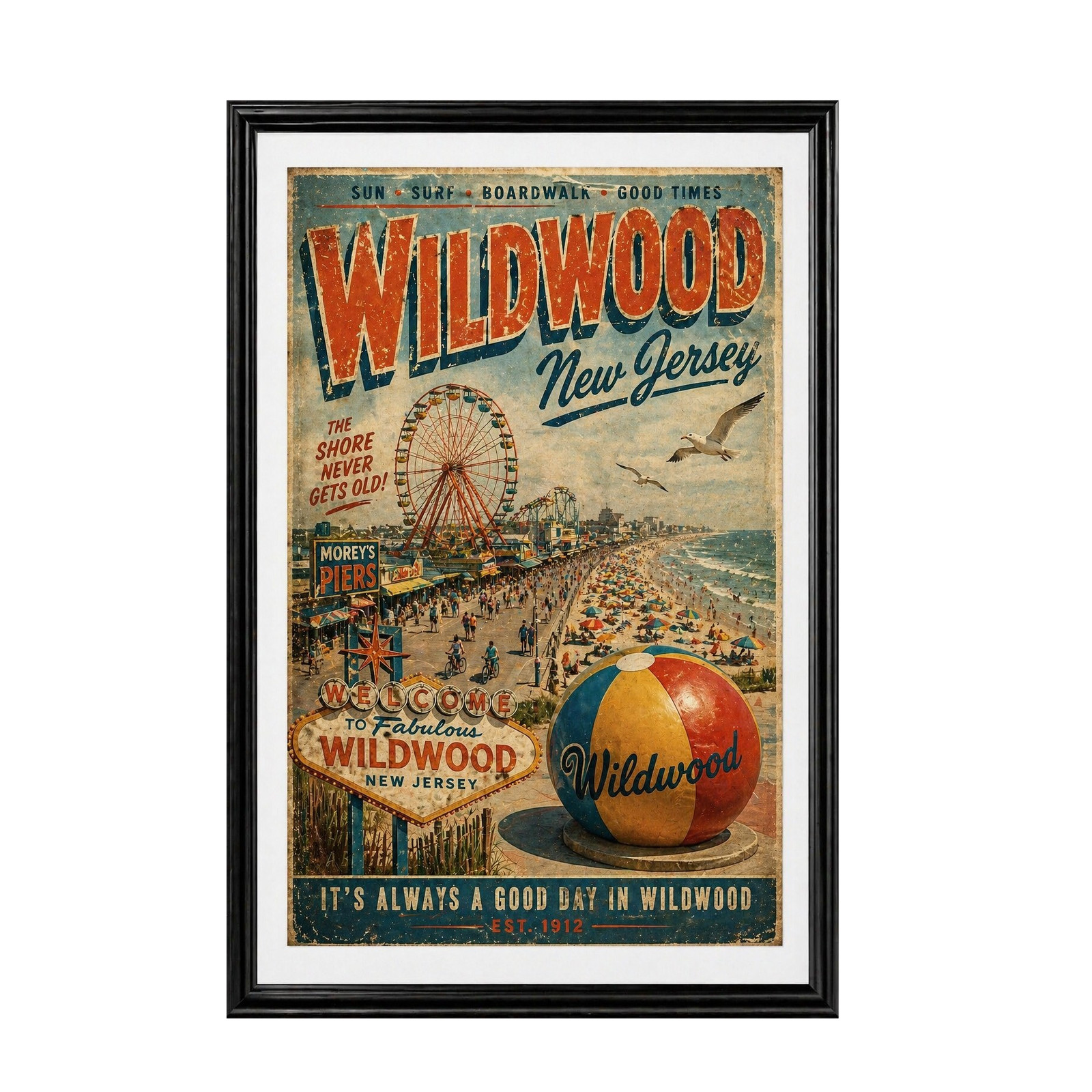 Wildwood New Jersey Boardwalk Beach Travel Poster Vintage Décor 13x19 Framed Wildwood New Jersey Boardwalk Beach Travel Poster Vintage Décor 13x19 Framed