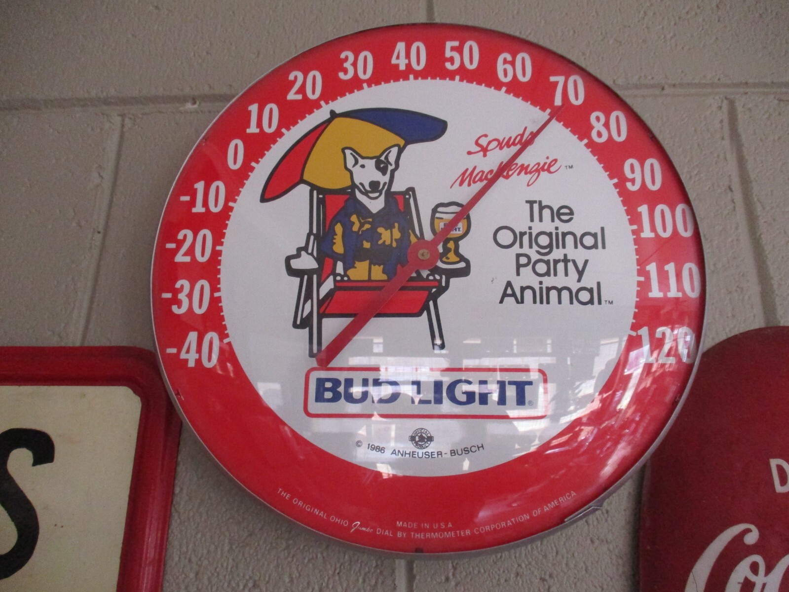 Bud Light Beer The Original Party Animal Spud Mackenzie glass faced Thermometer Bud Light Beer The Original Party Animal Spud Mackenzie glass faced Thermometer
