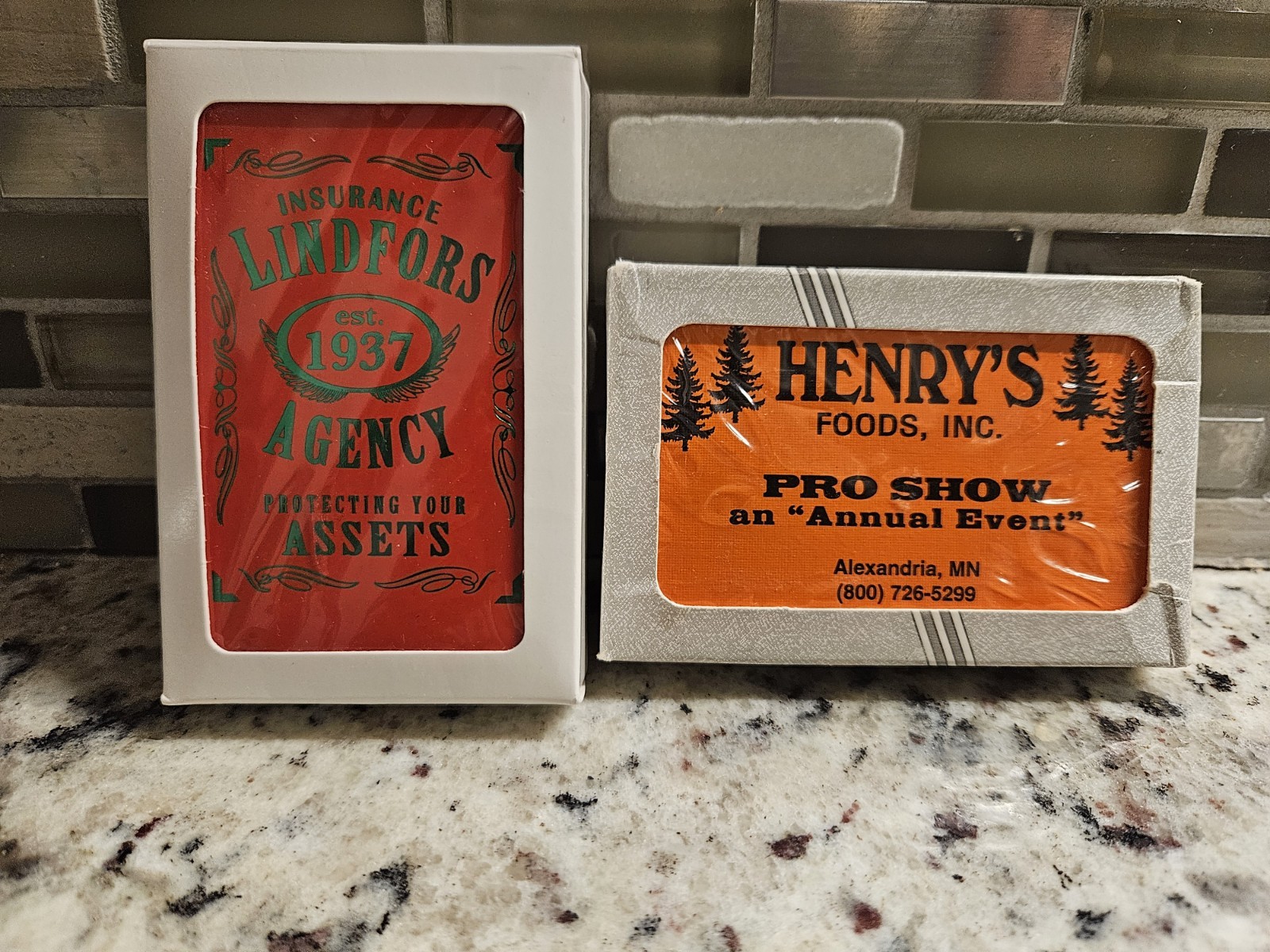 Vintage MN Playing Cards NOS Lot of 2 Decks Henry\'s Candy and Lindfors Ins Ad.