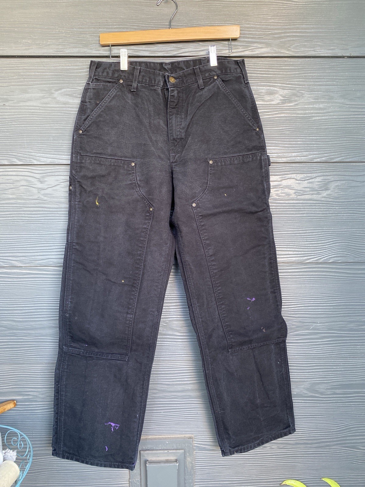 VTG Carhartt Double Knee Canvas Pants B136 BLK Loose Fit Distressed Size 32x32