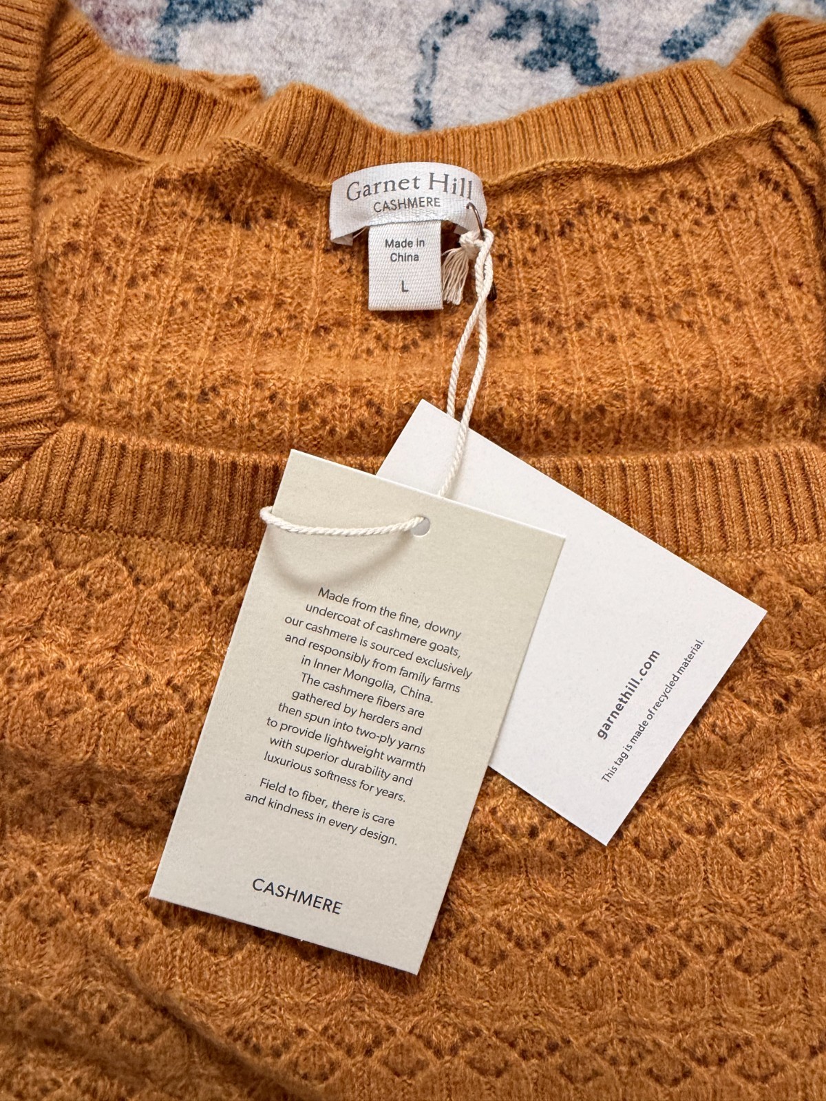 Garnet Hill 100% Cashmere Pointelle Knit Sweater Women\'s L Caramel NWT