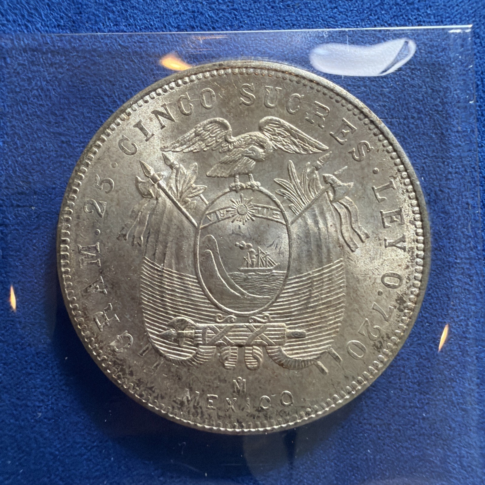 1943 Mo Ecuador 5 Sucres Silver Coin Republica de Ecuador (VF, 72% Silver) 1943 Mo Ecuador 5 Sucres Silver Coin Republica de Ecuador (VF, 72% Silver)