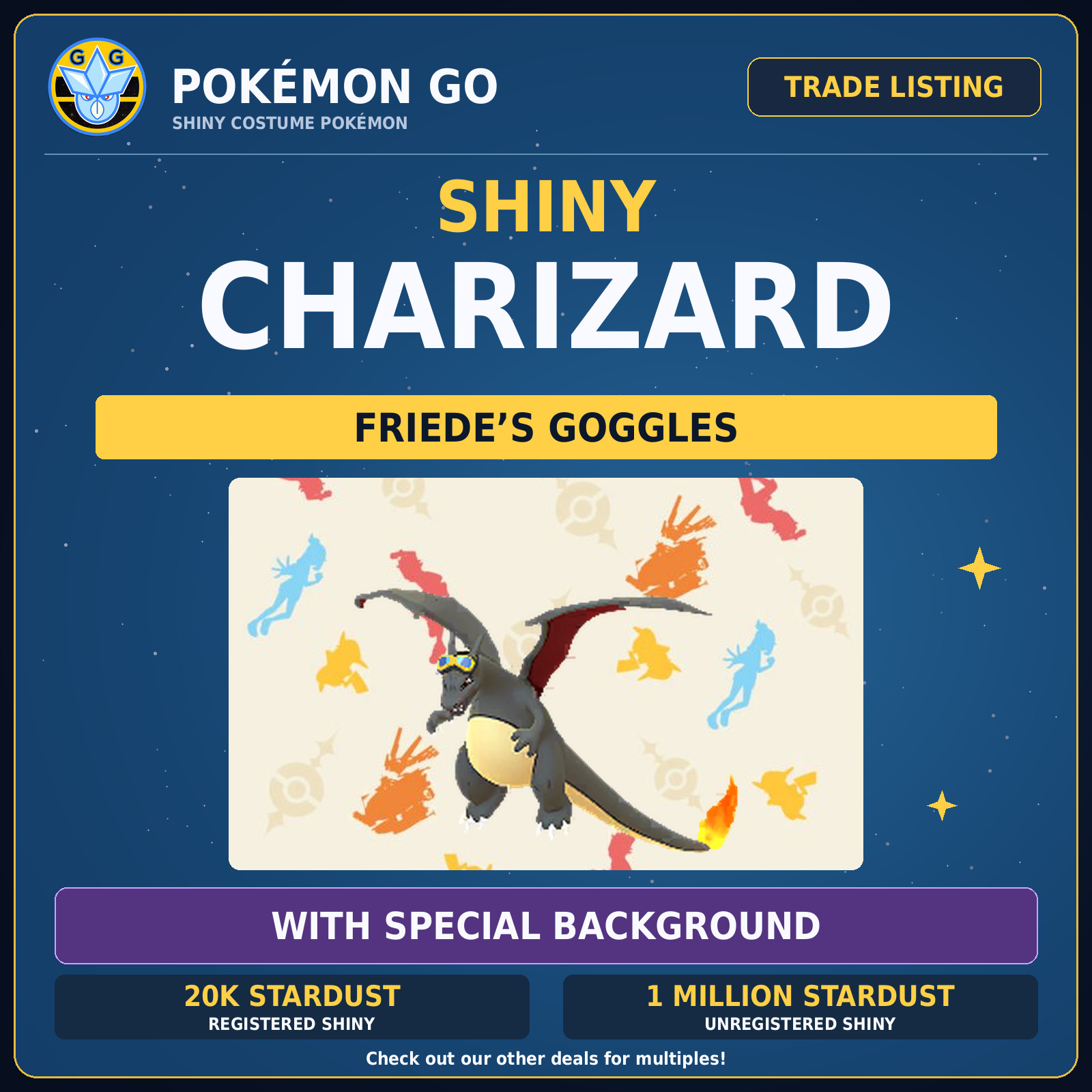 Pokémon GO Shiny Charizard Friede\'s Goggles Special Background Trade XXS XXL