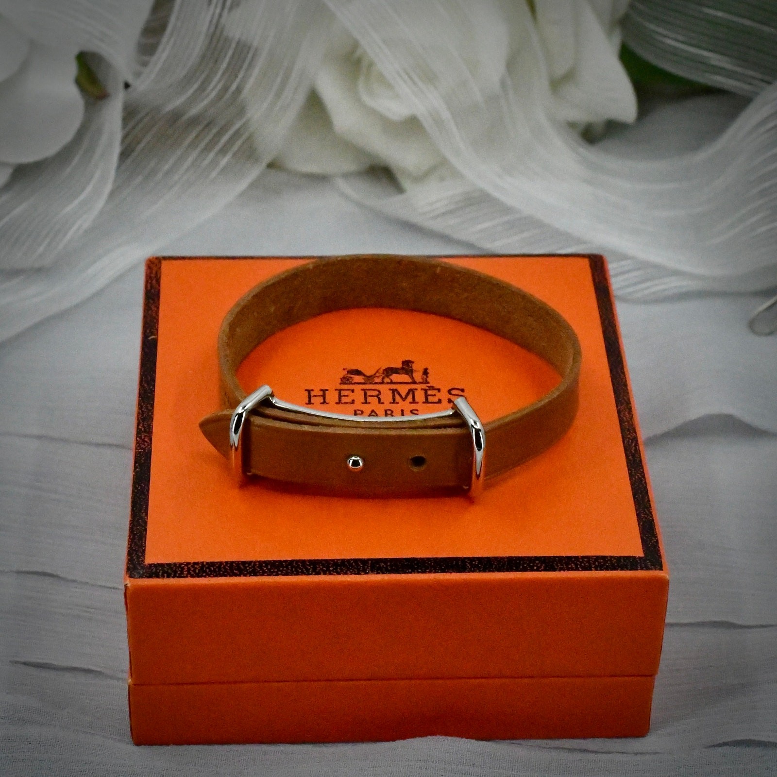 Authentic Hermes Behapi Leather Bracelet Single Tour Tan Silver Buckle Box 6.5\