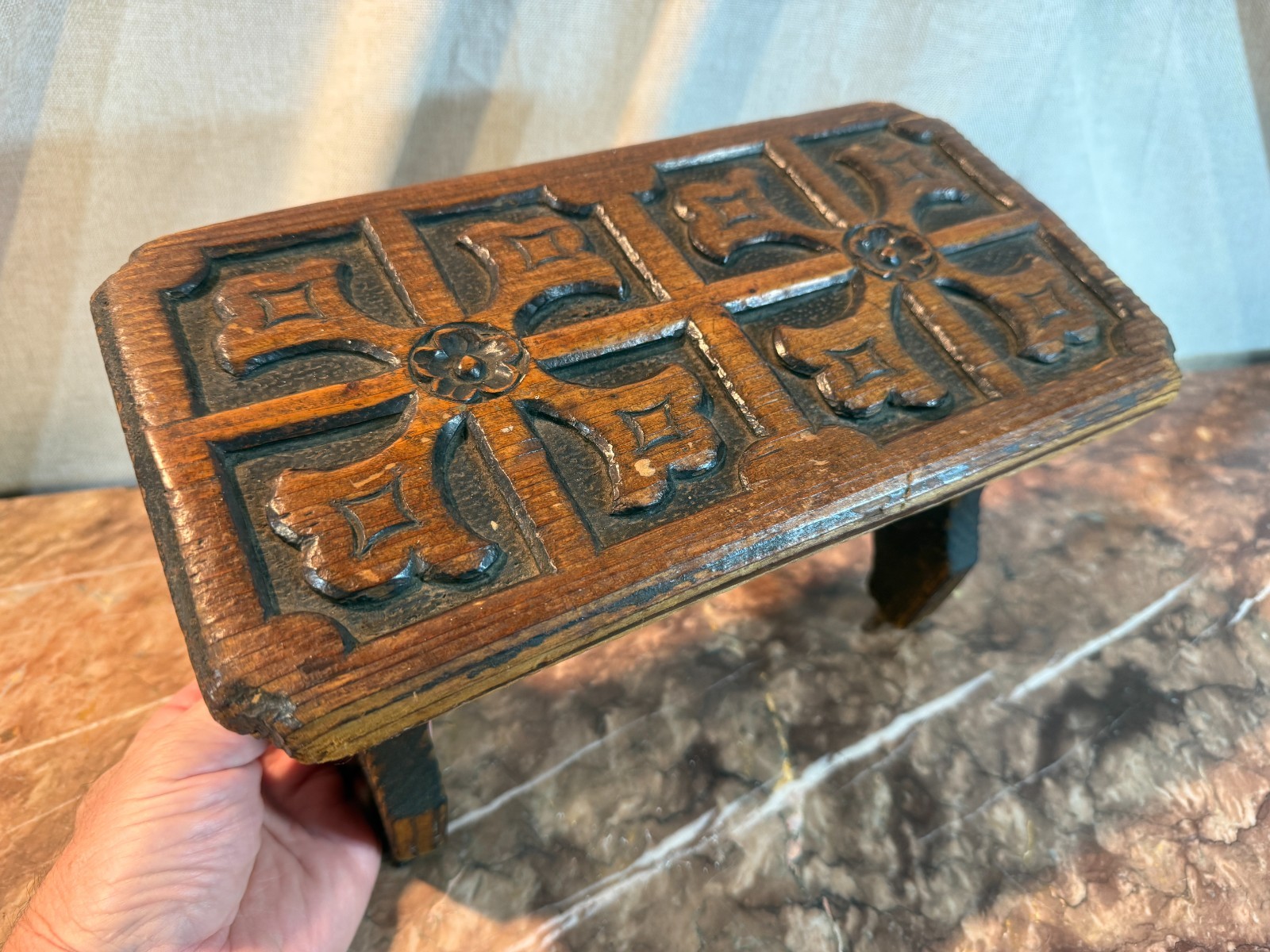 Antique Victorian Carved GOTHIC REVIVAL PETITE STOOL Footstool Bench c. 1800's