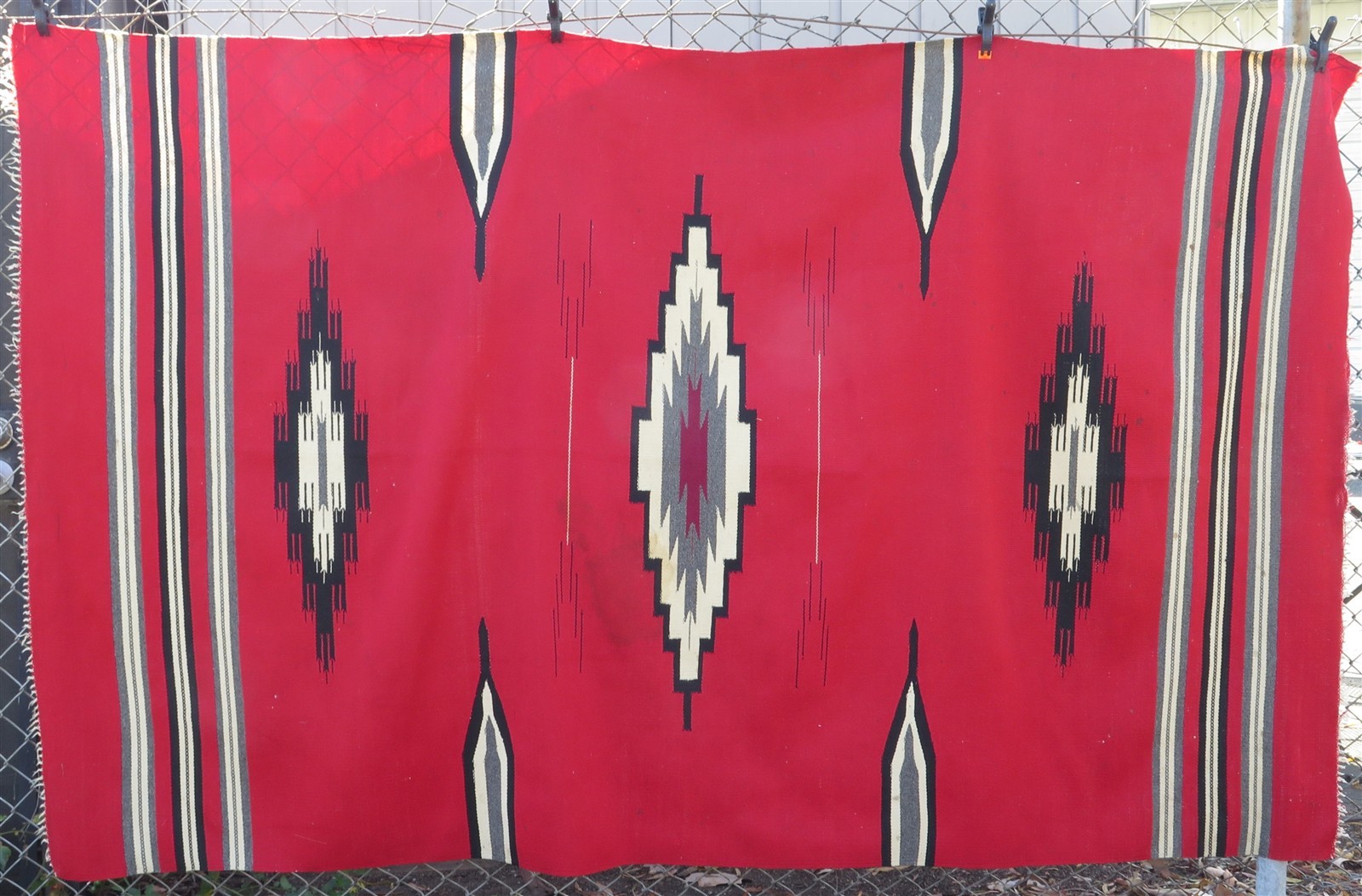 Vintage Hand Woven Large Chimayo Wool Blanket in Red, White & Black 86\