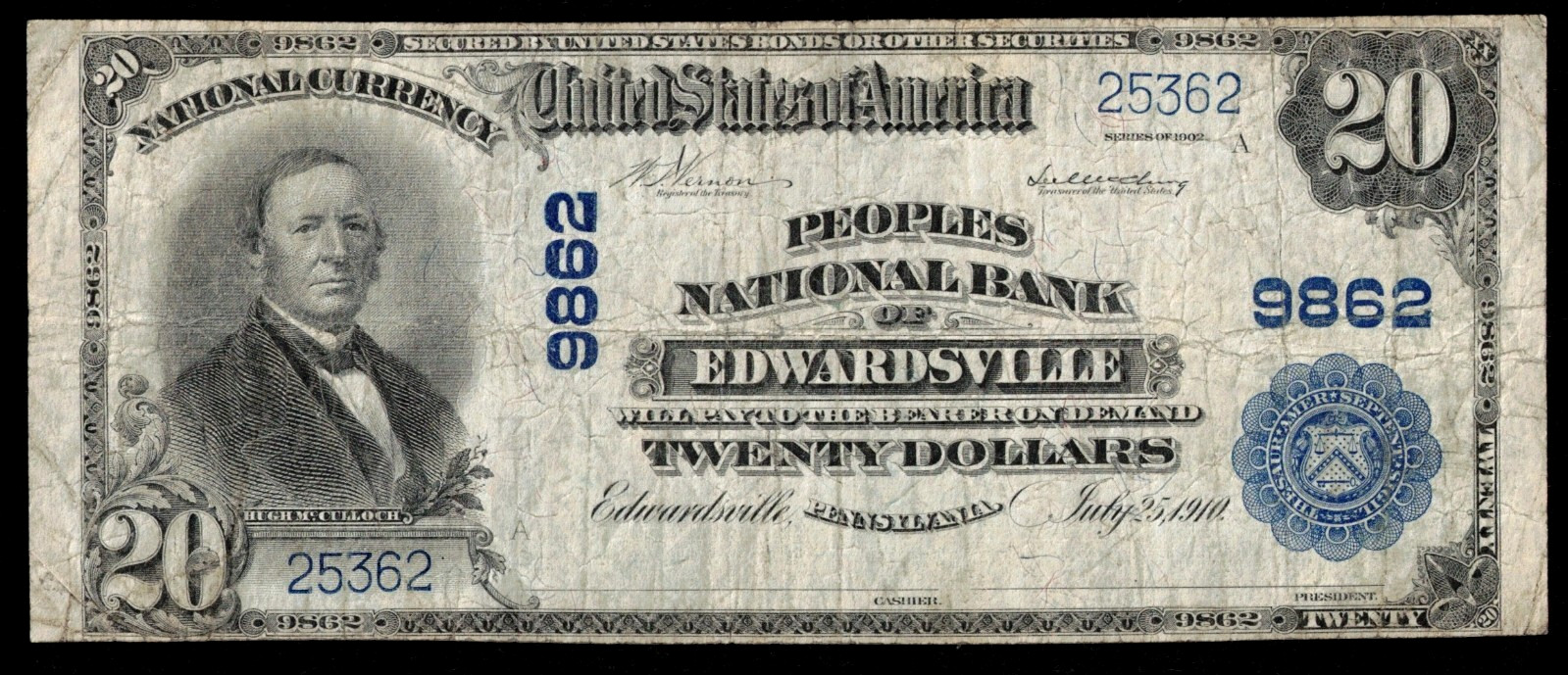 CHARTER #9862 1902 PB $20 PEOPLES NB OF EDWARDSVILLE PA