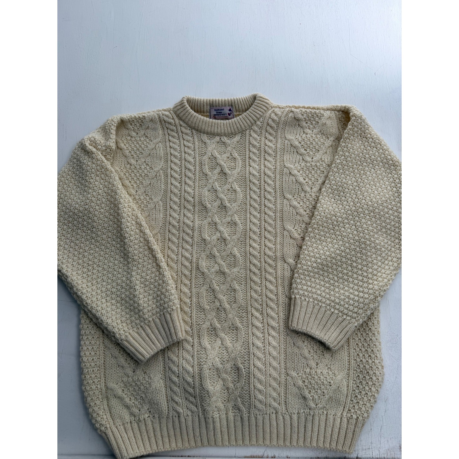 Highland Home Industries Wool Cable Knit Sweater Made in Scotland Cream Womens L Highland Home Industries Wool Cable Knit Sweater Made in Scotland Cream Womens L