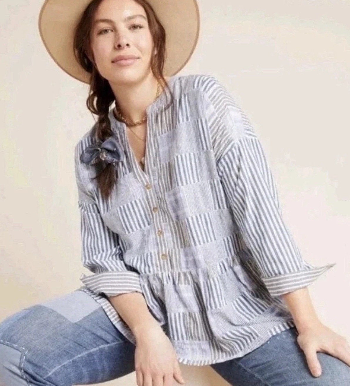 EUC Maeve Anthropologie The Zoe Cotton Blue Patchwork Swing V-neck Tunic Top XS EUC Maeve Anthropologie The Zoe Cotton Blue Patchwork Swing V-neck Tunic Top XS