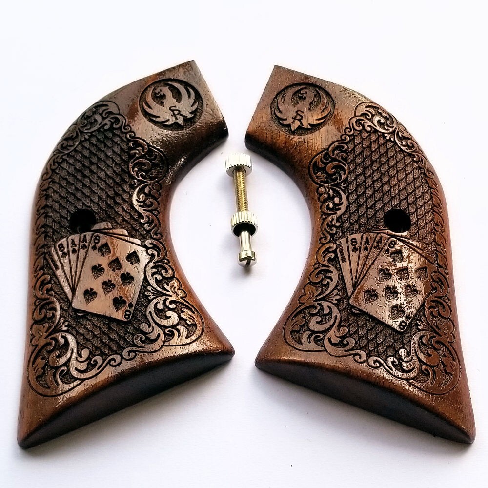 Ruger Blackhawk Wrangler Vaquero Grips Wood Walnut Scroll Cards XR3-RED Frame