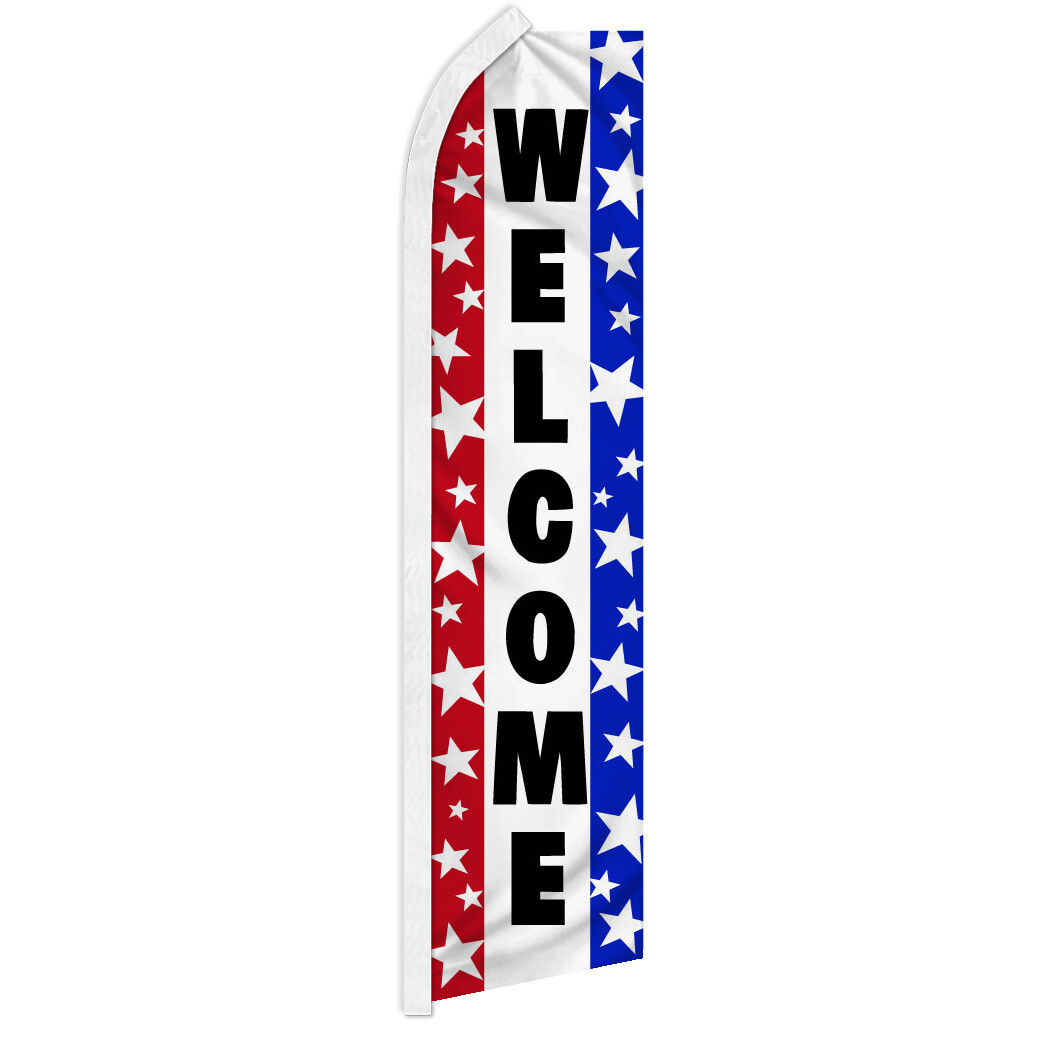 Welcome Advertising Swooper Feather Flutter Flag Open Sign RWB